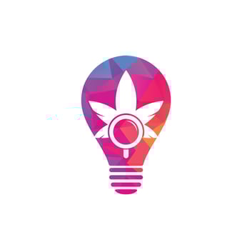 Cannabis Search bulb shape logo design vector template. Marijuana leaf and loupe logo combination. Hemp and magnifying symbol or icon