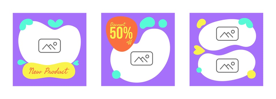 Social media post templates or layout pack for small business or startup company promoting new product, discount, and sales. funky bubbly purple background minimalist theme vector