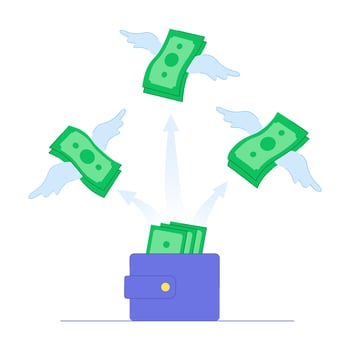 Money is flying out of the wallet. Waste, loss of money. vector