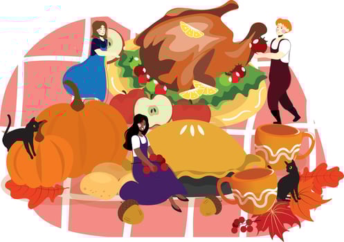set of Happy Male and Female Characters Cooking Huge Thanksgiving TurkeyTraditional autumn fall food picnic vector