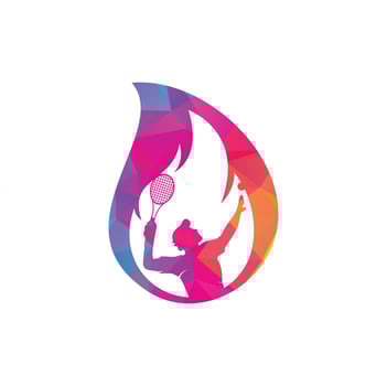 Fire and tennis player drop shape logo icon design template. Tennis sports vector logo design.