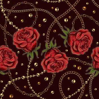 Seamless pattern with red vintage roses, metal chains and beads on dark background. Horizontal composition. Vector illustration.