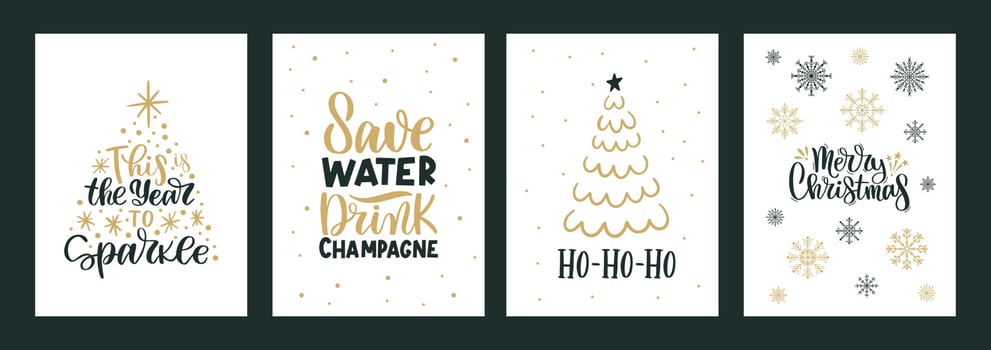 Merry Christmas and Happy New Year Set of greeting cards posters with various trees snowflakes. Xmas Design with lettering, tree, crystal, snowflakes in modern art style.Hand drawn trendy illustration vector