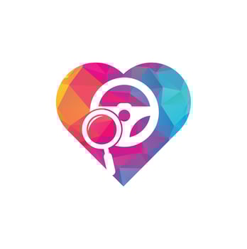 Search drive heart shape concept logo template. Search drive logo design icon vector. Steering wheel and magnifying symbol or icon. vector