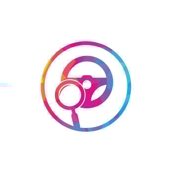 Search drive logo template. Search drive logo design icon vector. Steering wheel and magnifying symbol or icon. vector