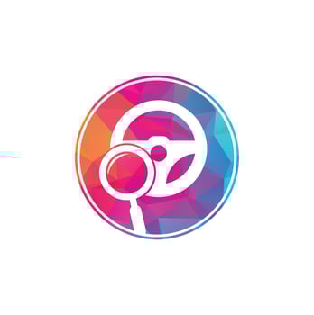 Search drive logo template. Search drive logo design icon vector. Steering wheel and magnifying symbol or icon. vector