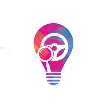 Search drive bulb shape concept logo template. Search drive logo design icon vector. Steering wheel and magnifying symbol or icon. vector