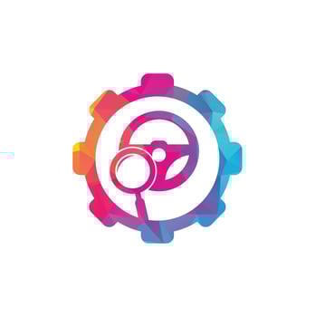 Search drive gear shape concept logo template. Search drive logo design icon vector. Steering wheel and magnifying symbol or icon. vector