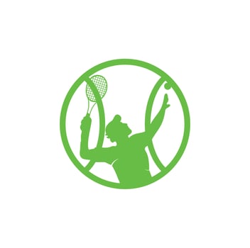 Tennis and tennis player hits the ball with a tennis racket, logo template. vector