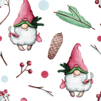 Watercolor seamless Christmas pattern with gnomes, fir trees, cones, berries and holly. png