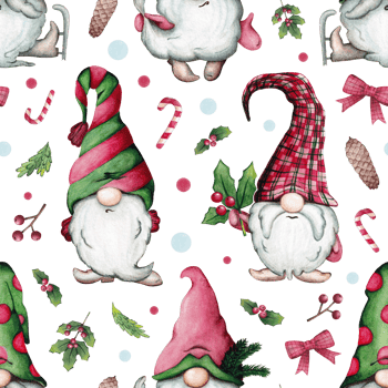 Watercolor seamless Christmas pattern with gnomes, fir trees, fir branches, berries, candies and holly. png