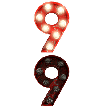 Red rusty light bulb letters in ON and OFF state the character 9 png
