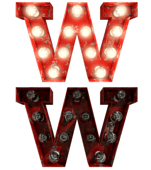 Red rusty light bulb letters in ON and OFF state the character W png