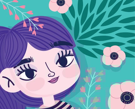 cute girl with flowers foliage leaves organic botany vector