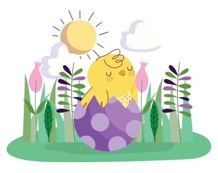 happy easter chicken in eggshell flowers grass decoration vector