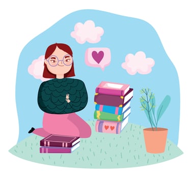 book day, teen girl with books and plant in pot vector