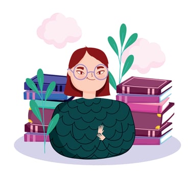 book day, teen girl portrait with books and plants vector