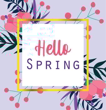 hello spring, inscription card flowers foliage seasonal decoration vector