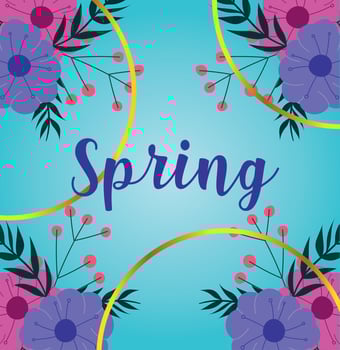 hello spring, lettering flowers season ribbon blue background vector