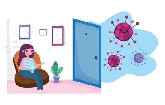 stay at home, young woman in sofa with coffee cup quarantine , covid 19 vector