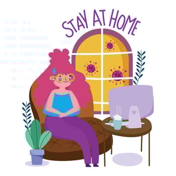 stay at home, young woman with computer teleworking quarantine prevention, covid 19 vector