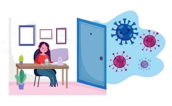 stay at home, young woman teleworking with laptop in desk covid 19 vector