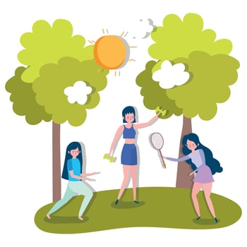 group women practicing yoga with weight and outdoor healthy life vector
