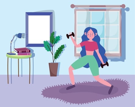 fitness girl with weight in room activity sport exercise at home vector