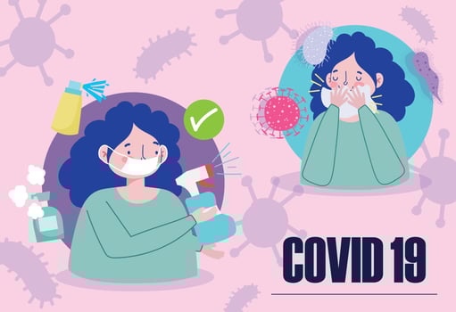 covid 19 prevention symptoms pandemic, cover with tissue paper and wearing medical mask vector
