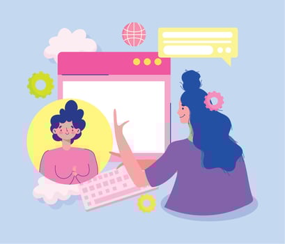 meeting online, women talking website conversation cartoon vector