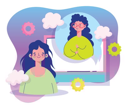 meeting online, young women socialize communication cartoon vector