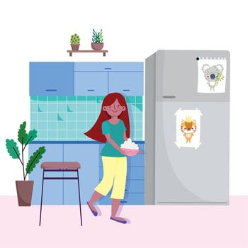 people cooking, girl with bowl food in the kitchen vector
