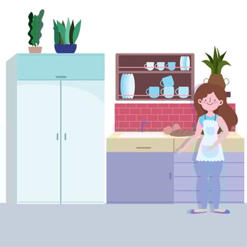 people cooking, girl with baked bread in the kitchen vector