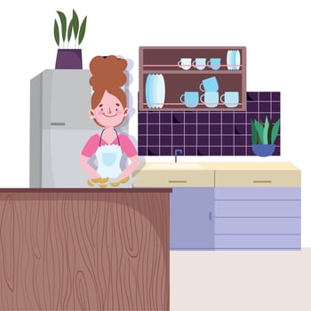 people cooking, girl with food on board cutting in the kitchen vector