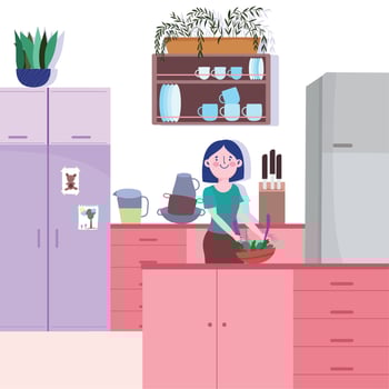 people cooking, woman with vegetables in bowl kitchen vector