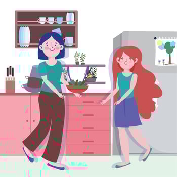 people cooking, woman and girl with vegetables in bowl counter kitchen vector