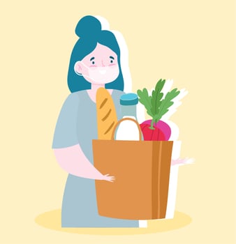 safe delivery at home during coronavirus covid-19, woman with protective mask and grocery bag with food vector