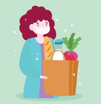 safe delivery at home during coronavirus covid-19, customer woman with medical mask and grocery bag with food vector