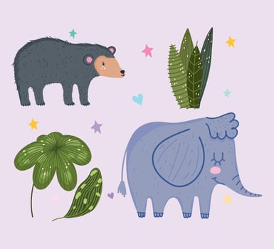 cute bear elephant and leaves animal safari cartoon with leaves vector