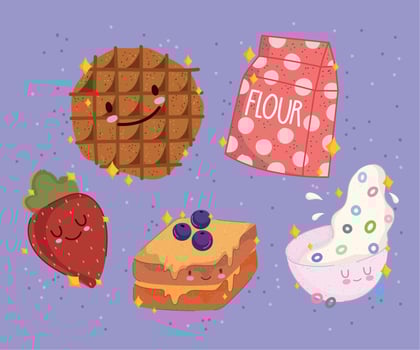 breakfast food fresh cartoon cute biscuit strawberry sandwich milk cereal vector