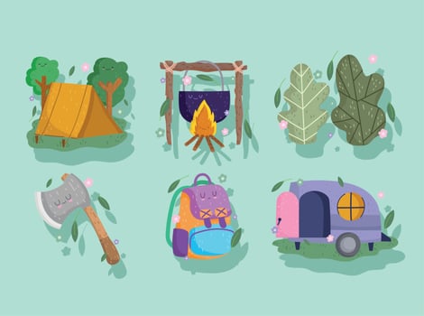 camping icons set tent pot bonfire ax bag and camper in cartoon style vector