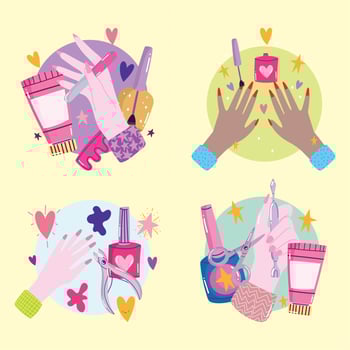 manicure, set with female hands nail polish cream and tools cartoon vector
