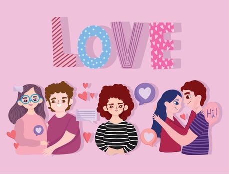 couples cartoon love text and hearts romantic cartoon vector