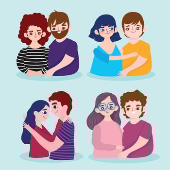 set of different couple love romantic cartoon characters vector