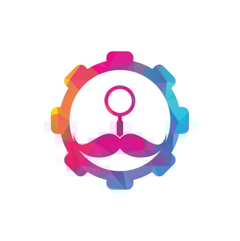Search mustache gear shape concept logo design template. Moustache and loupe for a detective spy logo design. vector