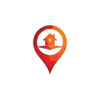 Book house map pin shape concept logo design template. House and book logo vector icon.
