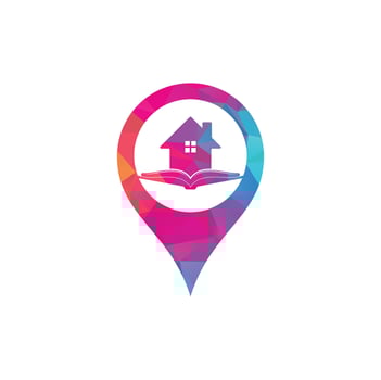 Book house map pin shape concept logo design template. House and book logo vector icon.