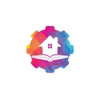 Book house gear shape concept logo design template. House and book logo vector icon.