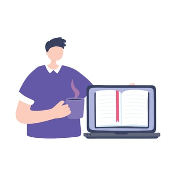 online training, boy drinking coffee with laptop, education and courses learning digital vector