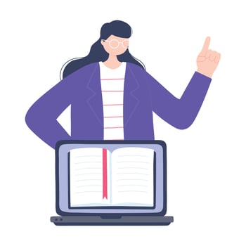 online training, teacher explaining lesson laptop book, education and courses learning digital vector